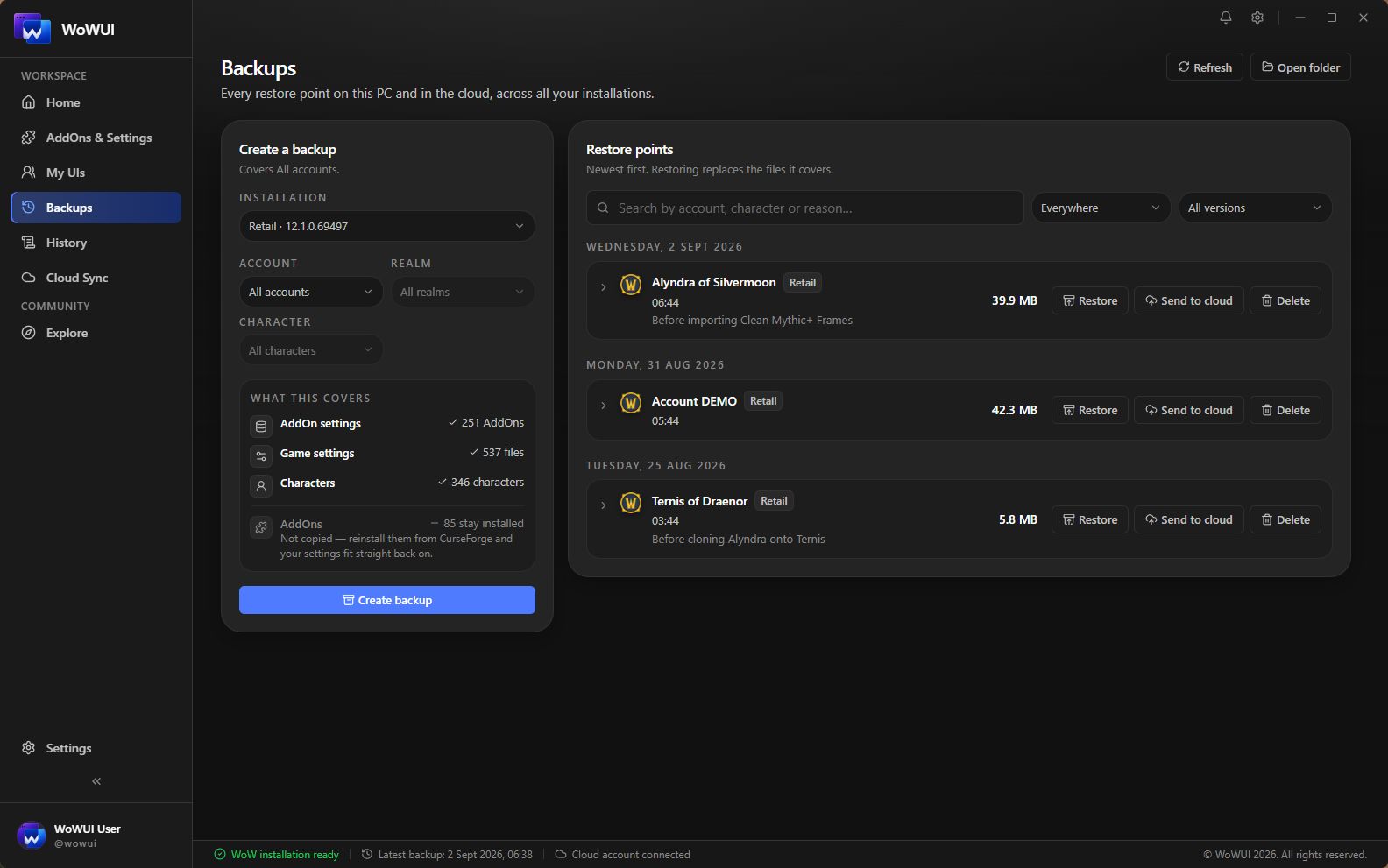 The Backups screen: what a restore point covers, and the points already taken.