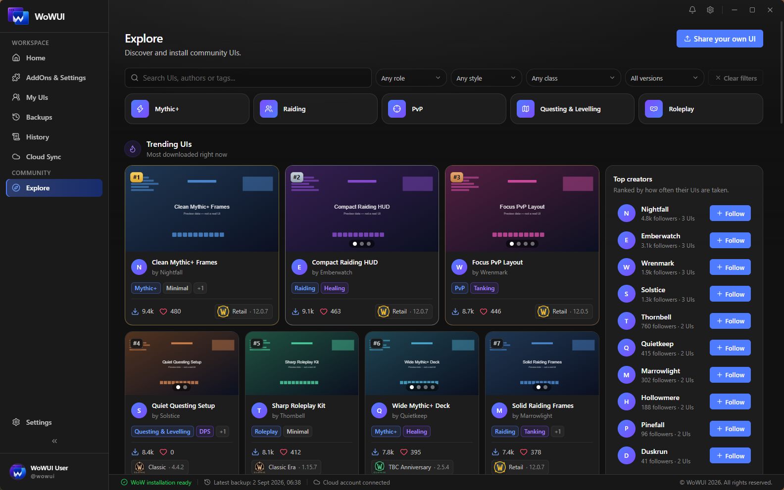Explore: published UIs ranked by downloads, with filters and top creators.