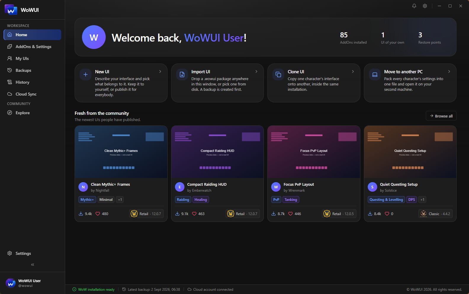 The WoWUI home screen: four actions and the newest published UIs.