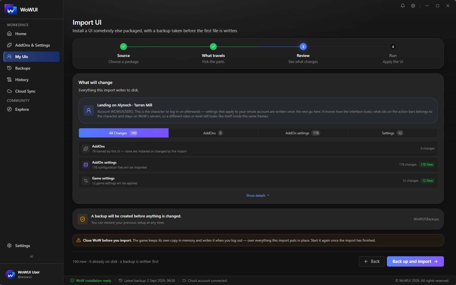 The import's review step: every file it would replace, the restore point it will take first, and the character it lands on.