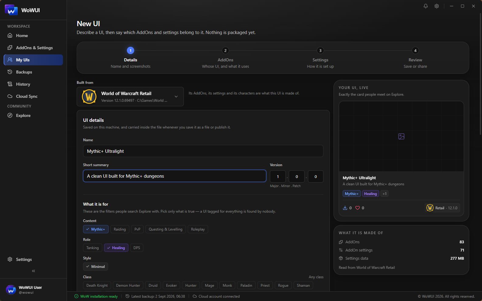 Describing a UI in WoWUI: its name, what it is for, and the card people meet on Explore, filling in as you type.